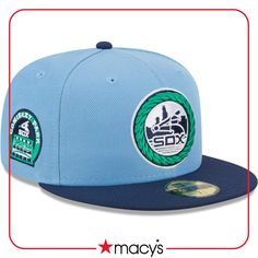 the new era hat is available in light blue and navy, with an emblem on the front