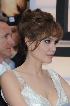 Arched bangs and partial upsweep Bangs Updo, Wedding Hairstyles And Makeup, Chignon Wedding, Angelina Jolie Photos, Mother Of The Bride Hair, فستان سهرة, Wedding Hairstyles Updo, Wedding Hair And Makeup, Celebrity Hairstyles