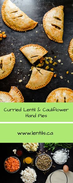 several different types of pies on a table with the words currie lentil and cauliflower hand pies