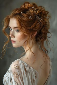 a woman with red hair wearing a white dress and a flower in her hair is looking off to the side