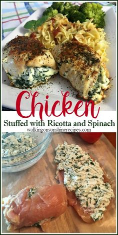 chicken stuffed with ricotta and spinach on a cutting board next to broccoli