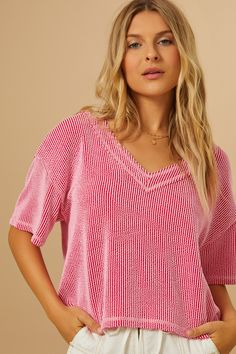 Ada Ribbed Boxy Tee in Candy Red | Altar'd State Ribbed V-neck Top With Relaxed Fit, Trendy Cotton V-neck Knit Top, Cotton V-neck Top With Ribbed Neckline, Trendy Short Sleeve Knit Top For Loungewear, Ribbed Cotton V-neck T-shirt, Relaxed V-neck Top For Day Out, Relaxed Fit Ribbed Top, Textured Knit Short Sleeve Top For Loungewear, Casual V-neck Knit Top For Loungewear