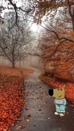 a cartoon dog standing on a path in the middle of an autumn forest with fallen leaves