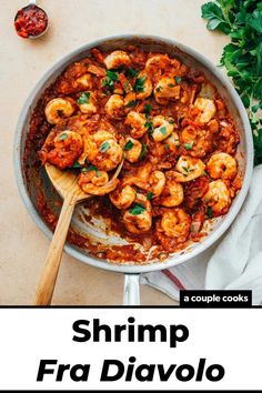 shrimp fra diavolo in a skillet with parsley on the side