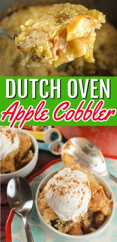 this is an image of dutch oven apple cobbler with vanilla ice cream on top