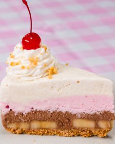 a piece of cake with ice cream and a cherry on top is sitting on a table