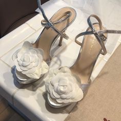 They Have Been Tailored To Put The Chanel Camilla Flower On The Front But It Can Be Undone If You Want. The Shoe Size Is 7 1/2 But Do Run Smaller, So If You Are 7 Or Even 6 1/2 It Will Fit. It Cost Me An Extra $40 To Get The Tailor To Put The Camelias On. The Camelias Came From A Chanel Boutique. White Flower-shaped Elegant Sandals, Camilla Flower, Chanel Boutique, Shoes Women Heels, Sandals Heels, Shoes Heels, Chanel, Size 7, Women Shoes