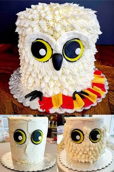 two cakes decorated with white frosting and yellow eyes, one has an owl's head on it