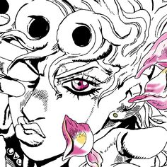 a drawing of a woman's face with large eyes and pink flowers in her hair