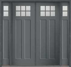 a gray double door with two sidelights