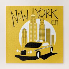 a yellow and black new york city card with a taxi cab in front of the skyline