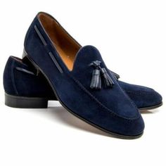 Shoes Customized, Blue Suede Loafers, Tassel Shoes, Leather Apron, Suede Leather Shoes, Blue Suede Shoes, Men Suede