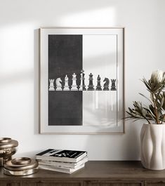 a framed photograph with chess pieces on it