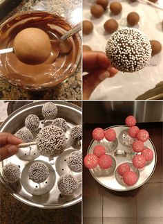 four pictures showing different types of desserts being made with chocolate and sprinkles