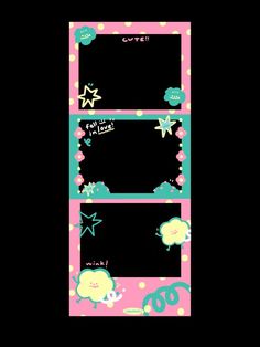 two frames with cartoon animals and stars on the bottom one is pink, green and blue