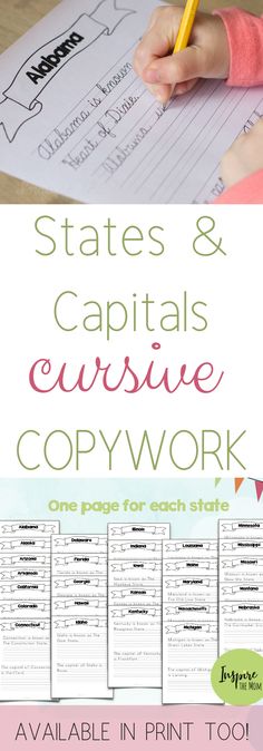 the states and capital cursive copywork worksheet is shown in this image