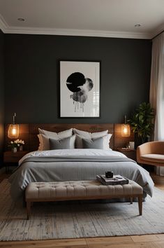 a large bed sitting in a bedroom on top of a hard wood floor next to a window