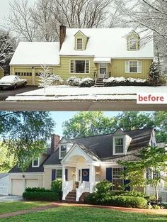 before and after photos of a house with snow on the roof, and in front