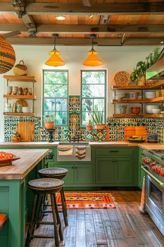 a kitchen with green cabinets and wooden flooring, two stools in front of the counter