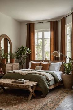 a bed sitting next to a window in a room with lots of plants on top of it