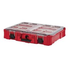 a red tool box with four compartments on the bottom and one in the middle that is empty