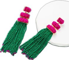 Trendy Beaded Tassel Earrings For Party, Green Fashion, Long Earrings, White Green, Bohemian Style, Collage, Beads, Green, Pins