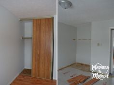 an empty room with wood flooring and white walls in the process of remodeling