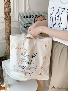 BirdinBag - Stylish Womens Canvas Tote: Graffiti & Letter Print, Ideal for Handbag or Shoulder White Bag With Letter Print For Daily Use, Minimalist Pattern, Graffiti Lettering, Style Minimalist, Handle Bag, Canvas Tote Bag, Womens Tote Bags, Canvas Tote, Letter Prints