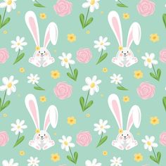 an easter bunny with flowers and daisies on a blue background, seamless pattern