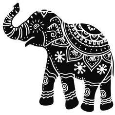 an elephant with intricate designs on it's body is shown in black and white