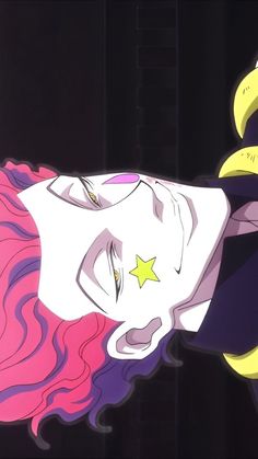 an animated image of a woman with pink hair and yellow stars on her face, looking at the camera