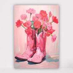 a painting of pink boots with flowers in them