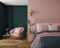 a bed room with a neatly made bed and two pink chairs next to a table