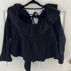 New With Tags Open Back With Ties Flowy Sleeves Babydoll Style Cute Black Blouse With Ruffles, Cute Black Spring Blouse, Cotton Ruffle Tops For Night Out, Cute Black Cotton Blouse, Black Ruffled Cotton Blouse, Chic Black Cotton Blouse, Black Cotton Blouse For Night Out, Babydoll Style, Flowy Sleeves