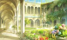 an artist's rendering of a garden with flowers and statues in the center, surrounded by arches