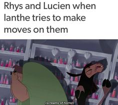 an animated scene with the words rhys and lucie when lanhe tries to make moves on them