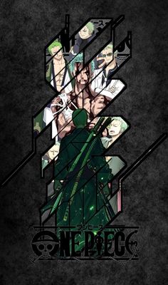 an anime poster with the characters in green and white on it's black background