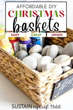 a basket filled with rocks sitting on top of a table next to a chalkboard