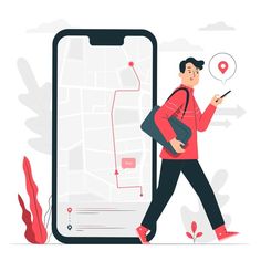 a man walking next to a cell phone with a map on the screen and an arrow pointing at it