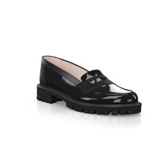 Loafers 1902 | Girotti Patent Leather Slip-on Platform Loafers With Leather Sole, Modern Patent Leather Slip-on Shoes, Modern Patent Leather Slip-on Loafers, Black Patent Leather Loafers With Flat Heel, Luxury Black Patent Leather Platform Loafers, Elegant Platform Loafers With Contrast Sole, Black Leather Moccasins For Office, Modern Patent Leather Loafers With Rubber Sole, Classic Black Patent Leather Platform Loafers