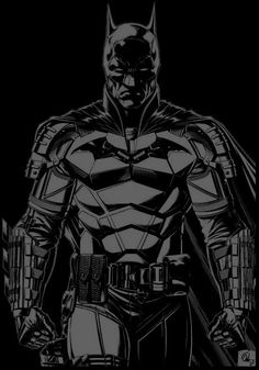 batman in black and white with the bat symbol on his chest, standing against a dark background