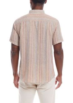 Crafted from a blend of soft fabrics, this printed short-sleeve shirt from Weatherproof Vintage is finished with a classic collared neckline and a button-front closure. | Weatherproof Vintage Men's Short Sleeve Linen Cotton Striped Shirt, Medium Spring Short Sleeve Yarn-dyed Shirt, Yarn-dyed Short Sleeve Tops For Summer, Spring Yarn-dyed Collared Shirt, Spring Short Sleeve Shirt With Johnny Collar, Spring Short Sleeve Yarn-dyed Tops, Spring Yarn-dyed Short Sleeve Tops, Striped Shirt, Men Short Sleeve, Printed Shorts