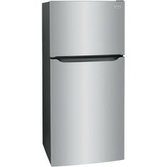 a silver refrigerator freezer sitting on top of a white wall