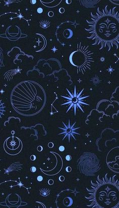 the sun, moon and stars are all drawn in blue ink on a black background