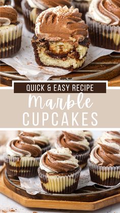 cupcakes with chocolate frosting on top and the words quick & easy recipe marble cupcakes