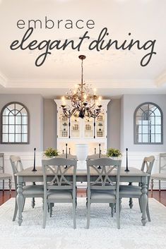 a dining room table and chairs with the words embrace elegant dining above it