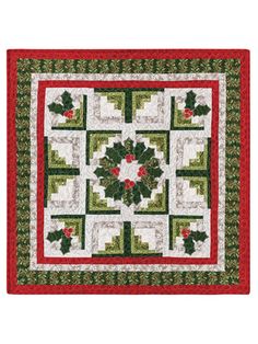 a quilted christmas table runner with holly wreaths on the center and red border