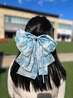 Oversized silk bow to add something extra to your outfit! These giant hair clips will make the perfect birthday gift, and can be worn in spring, summer and all year long!  This large hair bow accessory will ship same or next business day. Ribbon Barrettes, Large Hair Bows, Bow Hairstyle, Silk Bow, Bow Accessories, Blue Bow, Big Bows, Turbans, Perfect Birthday