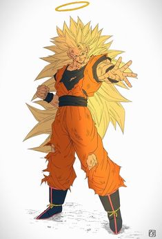 a drawing of gohan from the dragon ball anime, with his arms out and one hand in the air