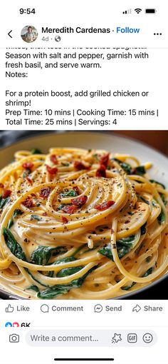 a white plate topped with pasta and spinach on top of a wooden table next to an instagram post